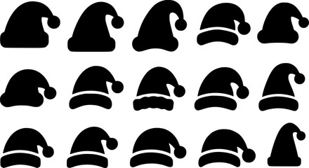 A collection of twelve simple, black silhouette Santa hats.