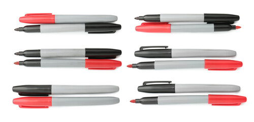 Black and red markers isolated on white, collage. Top view
