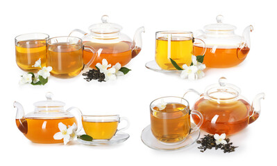 Delicious jasmine tea and fresh flowers on white background, collage
