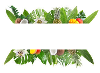 Fresh tropical fruits, flowers and green leaves on white background. Space for text