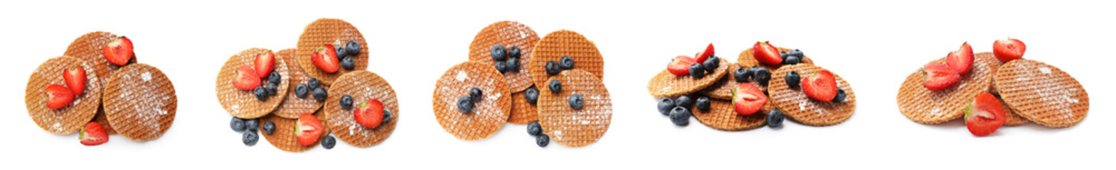 Yummy Dutch waffles (stroopwafels) with fresh berries on white background, collage