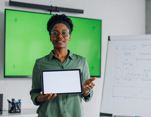Confident businesswoman presenting a blank tablet screen in a modern office setting.