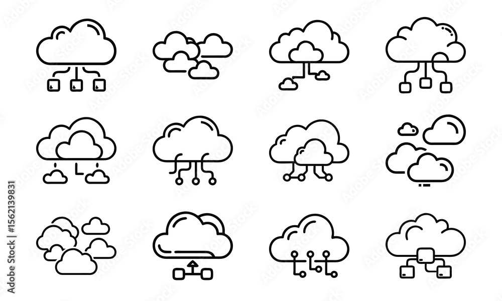 Poster set of cloud computing icons depicting data storage and network technology isolated on white