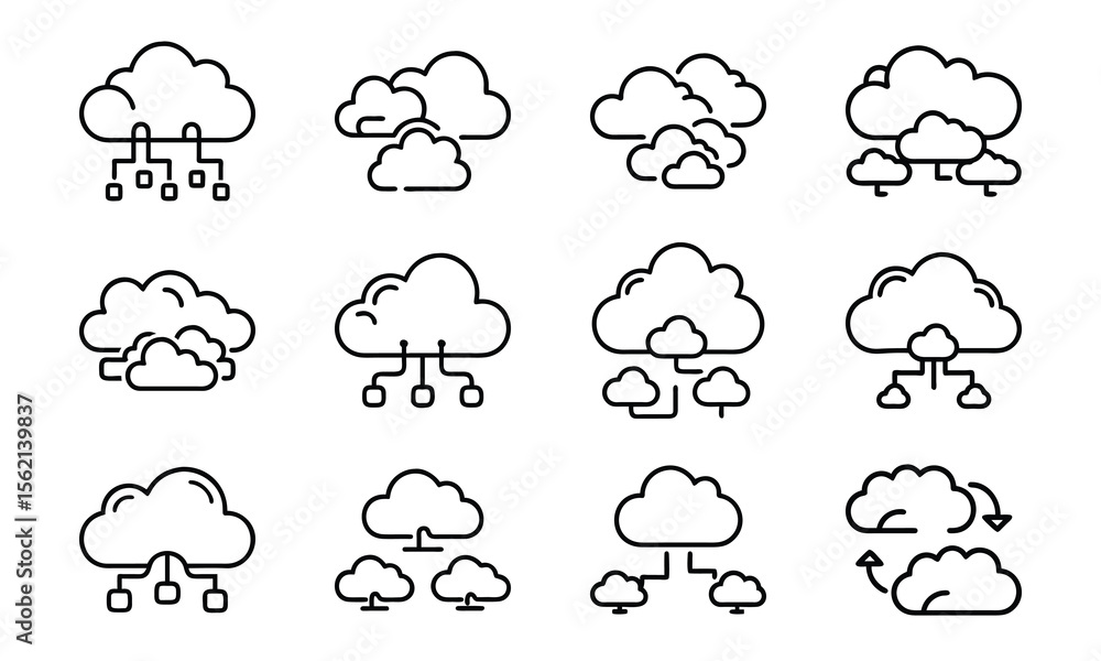 Poster collection of minimalist cloud computing icons illustrating data storage and network connection conc