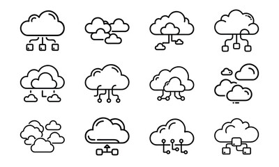 Set of cloud computing icons depicting data storage and network technology isolated on white