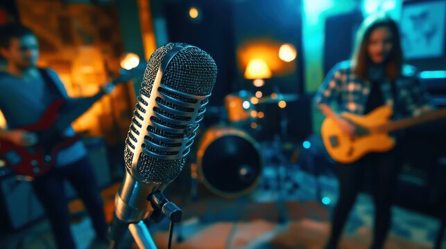 People, band and music practice with singer, microphone and electric guitar for concert rehearsal at home. Musician group, vocal training and recording song, track and audio with team work in garage - Powered by Adobe