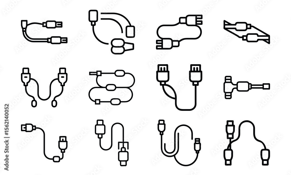 Fototapete collection of stylized outlined icons depicting various computer and device connection cables in a g