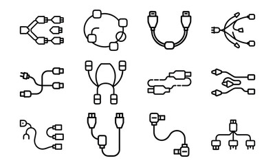Assorted digital cables connectors and adapters collection illustrated in clean minimalist black and white style