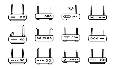 Vector illustration of various modern wireless internet router icons against a clean white background.