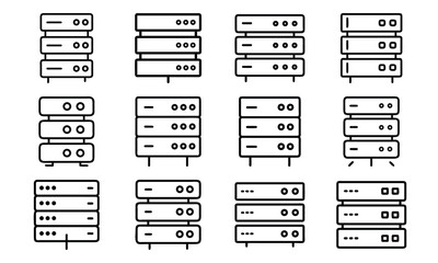 Set of simple server rack icons in various designs representing data centers and digital infrastructure