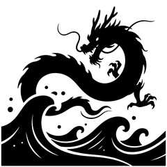 Silhouette illustration of a Chinese dragon soaring above ocean waves, vector design