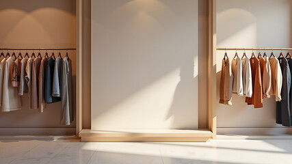 Empty store shelf against clothing racks background, women accessories display mock up.
