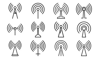 Collection of various vectorized antenna tower icons broadcasting signal waves for wireless communications