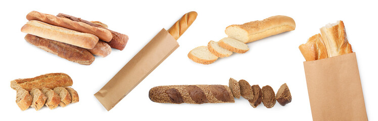 Different types of baguettes isolated on white, collage. Whole and sliced bread