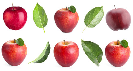 Fresh red apple fruits and green leaves isolated on white, collage