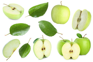 Fresh green apple fruits and leaves isolated on white, collage