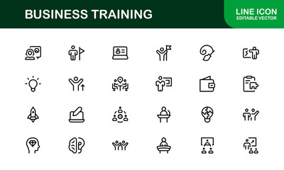 Business Training Line Icon Set – Modern, Minimal, Professional Outline Icons for Coaching, Workshop, Mentorship, Development, and Corporate Skills