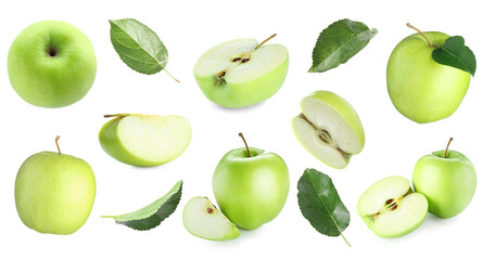 Fresh green apple fruits and leaves isolated on white, collage