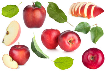 Fresh red apple fruits and green leaves isolated on white, collage
