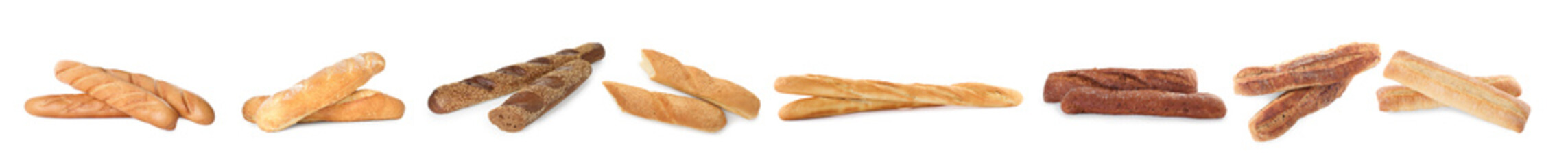 Different types of fresh baguettes isolated on white, collage