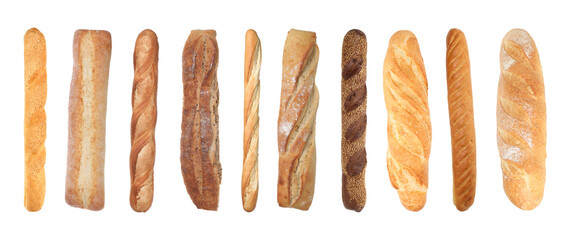 Different types of fresh baguettes isolated on white, collage