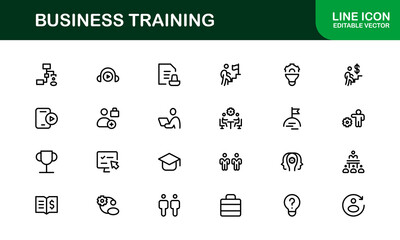 Business Training Line Icon Set – Modern, Minimal, Professional Outline Icons for Coaching, Workshop, Mentorship, Development, and Corporate Skills