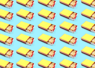 Cardboard box with matches on light blue background, pattern design