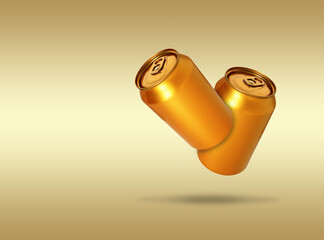 Aluminum cans in air on golden gradient background. Space for text