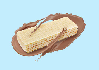 Tasty wafer and chocolate milk splash in air against light blue background