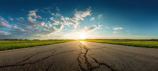The cracked road stretching towards a breathtaking sunset over green fields.