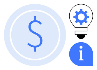 Large dollar symbol beside gear inside lightbulb and blue info bubble, signifying finance, innovation, guidance. Ideal for investment, business planning, consulting, education, growth technology