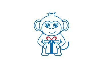 Blue outline monkey holds a present with a red bow on a white backdrop