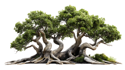 Large ancient trees with twisted branches and sprawling roots,  on a transparent  background