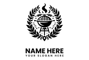 Elegant black and white logo featuring a grill encircled by a laurel wreath, symbolizing barbecue and culinary excellence.