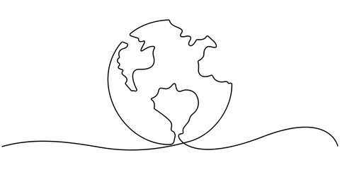 Planet Earth Continuous Line Icon, One continuous line drawing of Earth globe, Continuous one line art drawing of earth planet, Globe, geography vector outline, Single line illustration of world map.