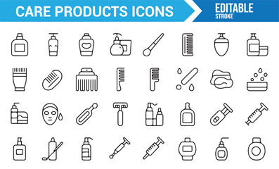 Collection of beauty and wellness icons, including bottles, jars, and grooming tools.
