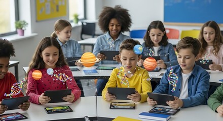 Fototapeta premium Futuristic Classroom with Students Using Tablets and Immersive Learning Technology