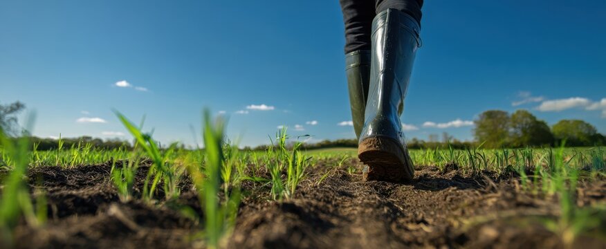 The farmer walking through a lush green field wearing rubber boots.