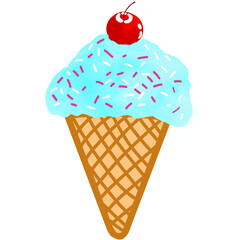 Sprinkle blue ice cream in the cone with cherry on top illustration.