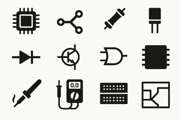 Black set of 12 tech icons. Minimal vector for electrical design and development.