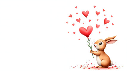 Valentine's day greeting card template, poster, wrapping paper. Watercolor rabbit giving heart, romantic theme, spring easter bunny isolated on white
