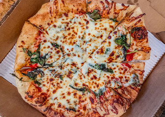 Spinach and tomato pizza cut into pieces