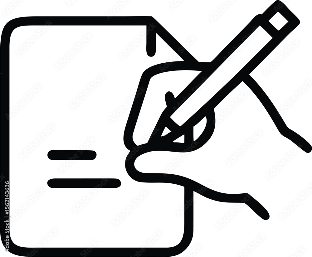Aufkleber writing document icon with hand and pencil in simple outline style
