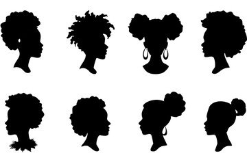 Vector silhouette of afro girl with natural hairstyle, black woman profile on transparent background
