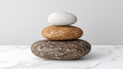 Zen stone balance, three rocks in perfect harmony amidst tranquil scenery serene
