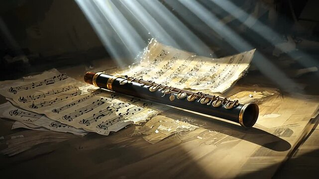 A wooden flute rests on aged sheet music illuminated by soft beams of light in a rustic setting