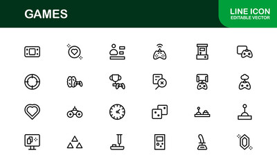Games, modern line icon set featuring minimal, professional, and creative vector symbols perfect for digital design, apps, entertainment, and more.