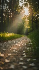 Obraz premium Sunlit forest path scattered with white petals and green grass sunlight sunbeams