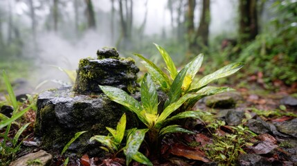 Obraz premium Enchanting forest scene, a small rock nestled in the woodland depths
