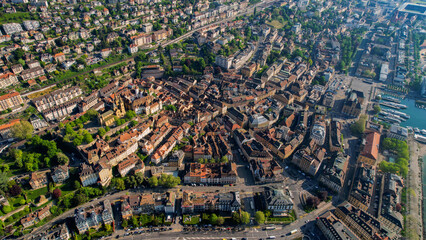 A Panoramic aerial view of the old town around the city Neuchatel in Switzerland on a sunny day in summer	

